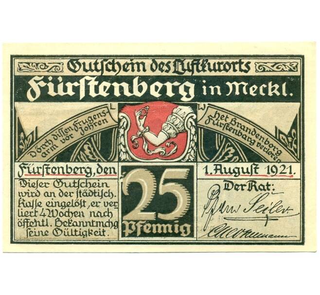 Банкнота 25 пфеннигов 1921 года Германия — Фюрстенберг (Нотгельд) (Артикул: K10-12607) — Фото №1