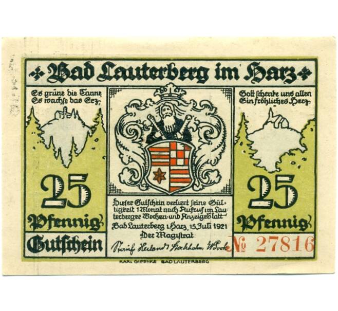 Банкнота 25 пфеннигов 1921 года Германия — Бад-Лаутерберг (Нотгельд) (Артикул: K10-12615) — Фото №2