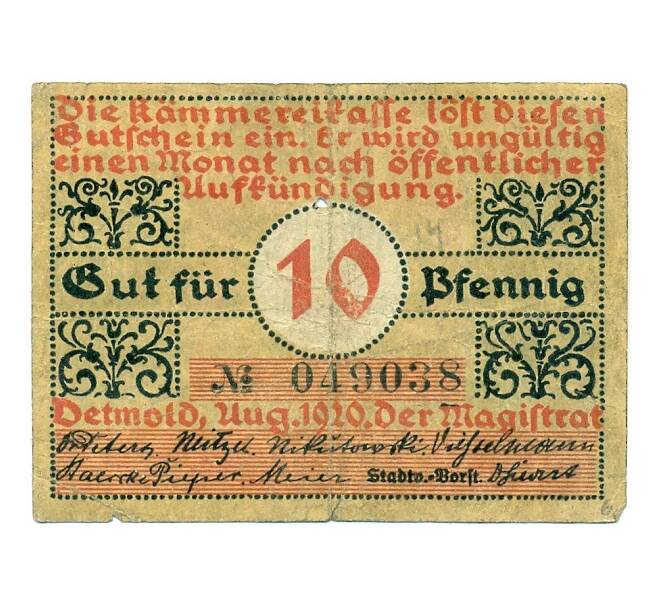Банкнота 10 пфеннигов 1920 года Германия — Детмольд (Нотгельд) (Артикул: K10-12616) — Фото №1
