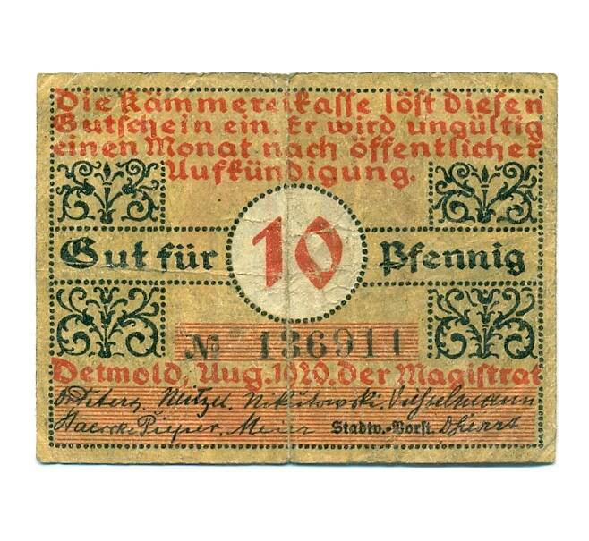 Банкнота 10 пфеннигов 1920 года Германия — Детмольд (Нотгельд) (Артикул: K10-12617) — Фото №1