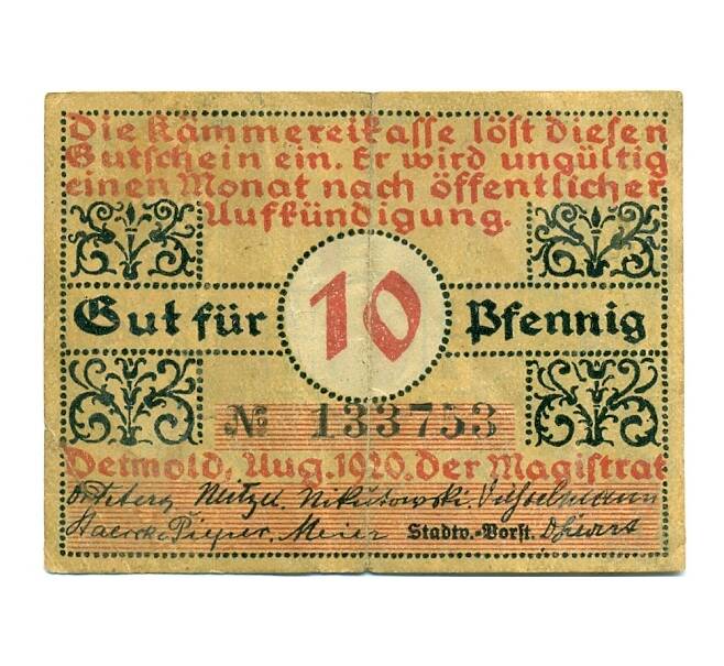Банкнота 10 пфеннигов 1920 года Германия — Детмольд (Нотгельд) (Артикул: K10-12618) — Фото №1