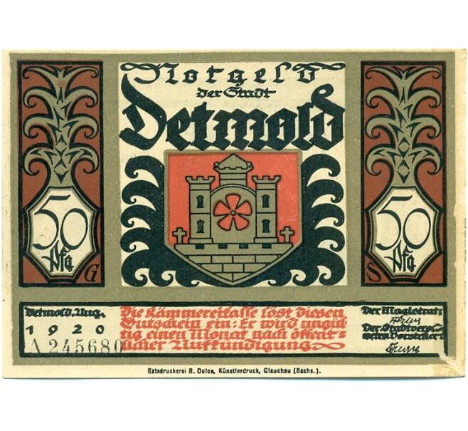 Банкнота 50 пфеннигов 1921 года Германия — Детмольд (Нотгельд) (Артикул: K10-12624) — Фото №1