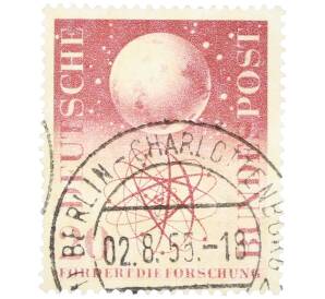 Почтовая марка 20 пфеннигов 1955 года Западная Германия (ФРГ) «Исследования в области ядерной физики и космоса» — Фото №1