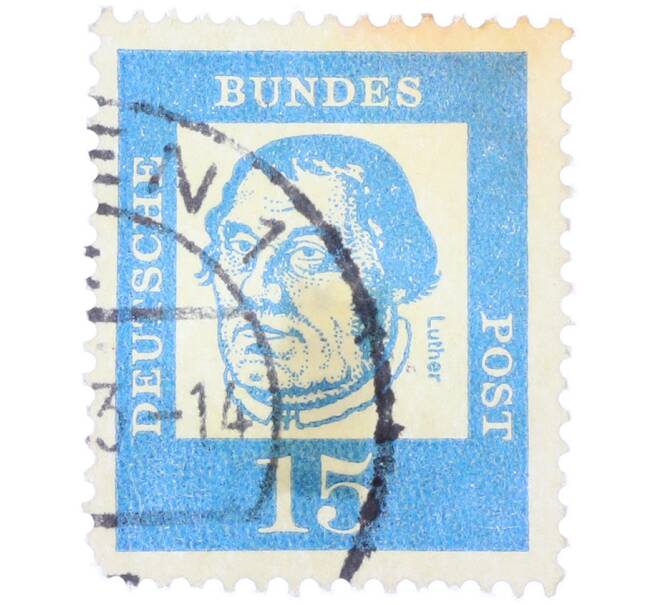 Почтовая марка 15 пфеннигов 1961 года Западная Германия (ФРГ) «Выдающиеся немцы — Мартин Лютер» (Артикул: T11-36756) — Фото №1