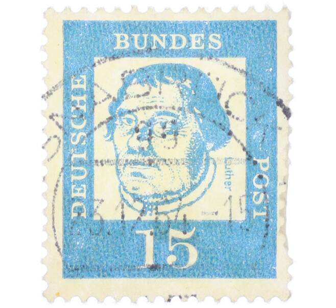 Почтовая марка 15 пфеннигов 1961 года Западная Германия (ФРГ) «Выдающиеся немцы — Мартин Лютер» (Артикул: T11-36767) — Фото №1