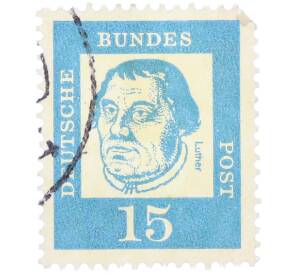 Почтовая марка 15 пфеннигов 1961 года Западная Германия (ФРГ) «Выдающиеся немцы — Мартин Лютер» — Фото №1