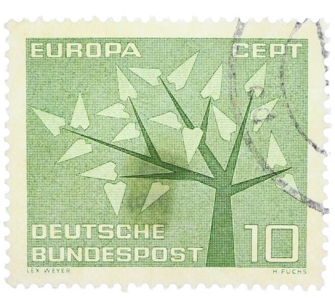 Почтовая марка 10 пфеннигов 1962 года Западная Германия (ФРГ) «Европейская конференция администраций почтовых служб и служб связи CEPT — Древо» (Артикул: T11-36863) — Фото №1