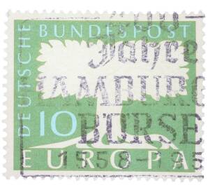 Почтовая марка 10 пфеннигов 1957 года Западная Германия (ФРГ) «Европейская конференция администраций почтовых служб и служб связи CEPT — Белое древо» — Фото №1