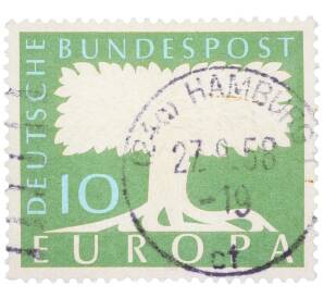 Почтовая марка 10 пфеннигов 1957 года Западная Германия (ФРГ) «Европейская конференция администраций почтовых служб и служб связи CEPT — Белое древо» — Фото №1