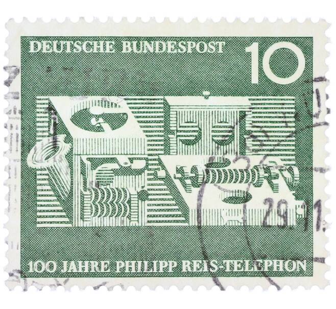 Почтовая марка 10 пфеннигов 1961 года Западная Германия (ФРГ) «100-летие изобретения телефона Филиппом Рейсом» (Артикул: T11-36897) — Фото №1