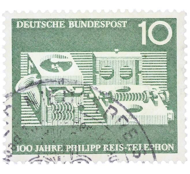 Почтовая марка 10 пфеннигов 1961 года Западная Германия (ФРГ) «100-летие изобретения телефона Филиппом Рейсом» (Артикул: T11-36901) — Фото №1