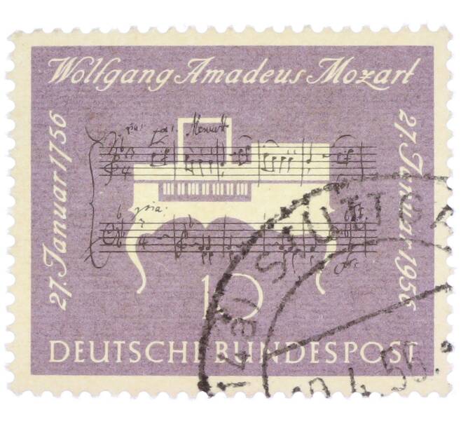Почтовая марка 10 пфеннигов 1956 года Западная Германия (ФРГ) «200-летие со дня рождения Вольфганга Амадея Моцарта» (Артикул: T11-36905) — Фото №1