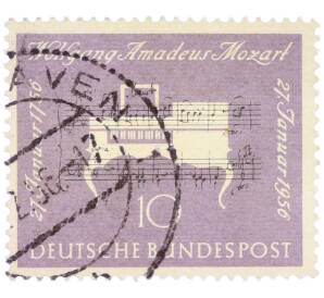 Почтовая марка 10 пфеннигов 1956 года Западная Германия (ФРГ) «200-летие со дня рождения Вольфганга Амадея Моцарта» — Фото №1