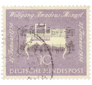 Почтовая марка 10 пфеннигов 1956 года Западная Германия (ФРГ) «200-летие со дня рождения Вольфганга Амадея Моцарта» — Фото №1
