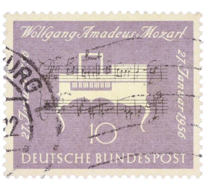 Почтовая марка 10 пфеннигов 1956 года Западная Германия (ФРГ) «200-летие со дня рождения Вольфганга Амадея Моцарта» (Артикул: T11-36909) — Фото №1