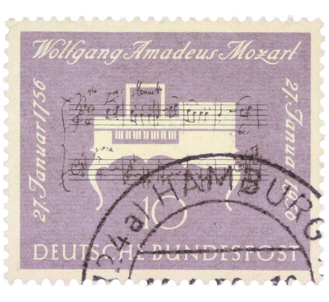 Почтовая марка 10 пфеннигов 1956 года Западная Германия (ФРГ) «200-летие со дня рождения Вольфганга Амадея Моцарта» (Артикул: T11-36910) — Фото №1