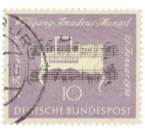 Почтовая марка 10 пфеннигов 1956 года Западная Германия (ФРГ) «200-летие со дня рождения Вольфганга Амадея Моцарта» — Фото №1