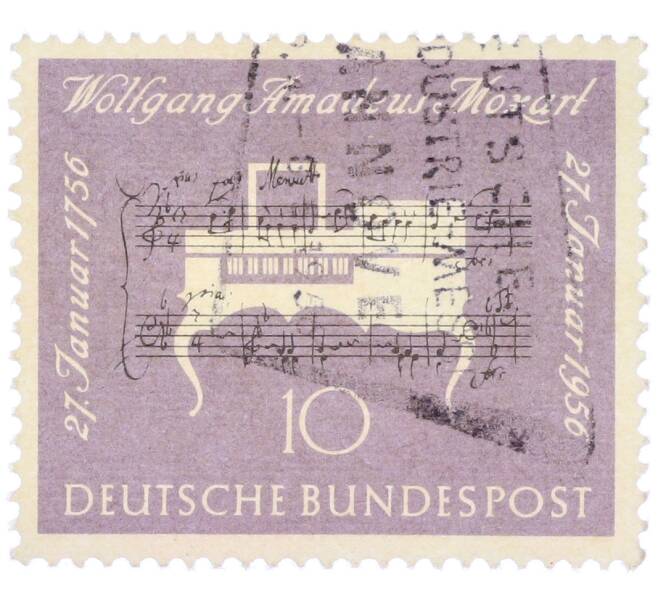 Почтовая марка 10 пфеннигов 1956 года Западная Германия (ФРГ) «200-летие со дня рождения Вольфганга Амадея Моцарта» (Артикул: T11-36913) — Фото №1