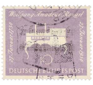 Почтовая марка 10 пфеннигов 1956 года Западная Германия (ФРГ) «200-летие со дня рождения Вольфганга Амадея Моцарта» — Фото №1