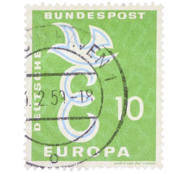 Почтовая марка 10 пфеннигов 1958 года Западная Германия (ФРГ) «Европейская конференция администраций почтовых служб и служб связи CEPT — Голубь мира» (Артикул: T11-36925) — Фото №1