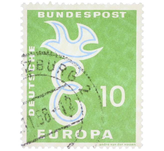 Почтовая марка 10 пфеннигов 1958 года Западная Германия (ФРГ) «Европейская конференция администраций почтовых служб и служб связи CEPT — Голубь мира» (Артикул: T11-36927) — Фото №1