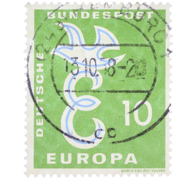 Почтовая марка 10 пфеннигов 1958 года Западная Германия (ФРГ) «Европейская конференция администраций почтовых служб и служб связи CEPT — Голубь мира» (Артикул: T11-36932) — Фото №1