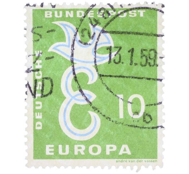 Почтовая марка 10 пфеннигов 1958 года Западная Германия (ФРГ) «Европейская конференция администраций почтовых служб и служб связи CEPT — Голубь мира» (Артикул: T11-36933) — Фото №1