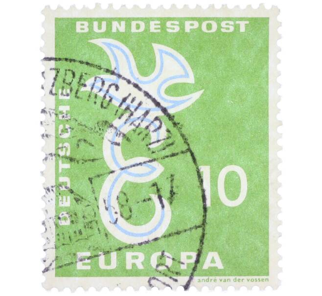 Почтовая марка 10 пфеннигов 1958 года Западная Германия (ФРГ) «Европейская конференция администраций почтовых служб и служб связи CEPT — Голубь мира» (Артикул: T11-36934) — Фото №1