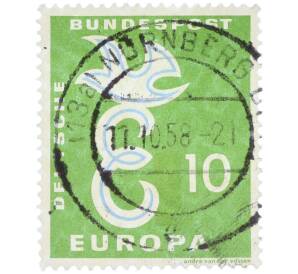 Почтовая марка 10 пфеннигов 1958 года Западная Германия (ФРГ) «Европейская конференция администраций почтовых служб и служб связи CEPT — Голубь мира» — Фото №1