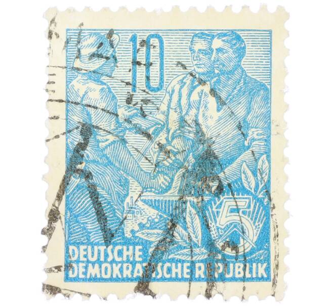 Почтовая марка 10 пфеннигов 1955 года Восточная Германия (ГДР) «Пятилетний план — Крестьянин и рабочий» (Артикул: T11-37136) — Фото №1