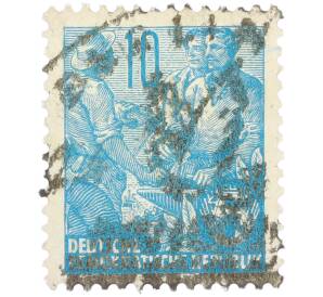 Почтовая марка 10 пфеннигов 1955 года Восточная Германия (ГДР) «Пятилетний план — Крестьянин и рабочий» — Фото №1