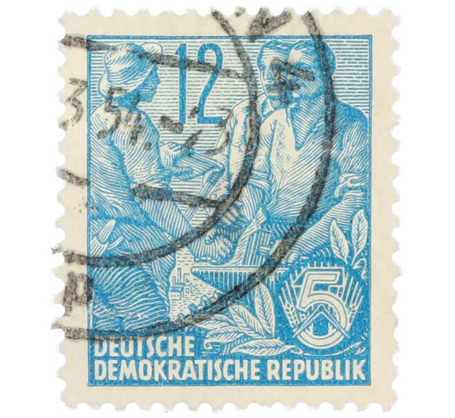 Почтовая марка 12 пфеннигов 1953 года Восточная Германия (ГДР) «Пятилетний план — Крестьянин и рабочий» (Артикул: T11-37142) — Фото №1