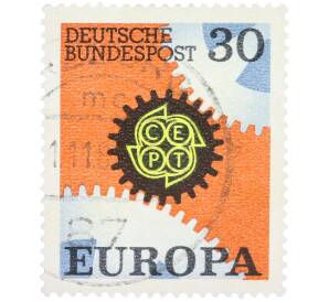 Почтовая марка 30 пфеннигов 1967 года Западная Германия (ФРГ) «Европейская конференция администраций почтовых служб и служб связи CEPT — Механизм» — Фото №1