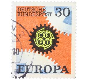 Почтовая марка 30 пфеннигов 1967 года Западная Германия (ФРГ) «Европейская конференция администраций почтовых служб и служб связи CEPT — Механизм» — Фото №1