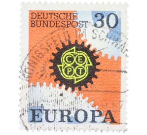 Почтовая марка 30 пфеннигов 1967 года Западная Германия (ФРГ) «Европейская конференция администраций почтовых служб и служб связи CEPT — Механизм» — Фото №1