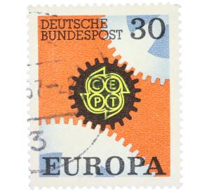 Почтовая марка 30 пфеннигов 1967 года Западная Германия (ФРГ) «Европейская конференция администраций почтовых служб и служб связи CEPT — Механизм» — Фото №1