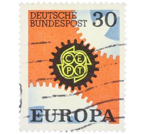 Почтовая марка 30 пфеннигов 1967 года Западная Германия (ФРГ) «Европейская конференция администраций почтовых служб и служб связи CEPT — Механизм» — Фото №1
