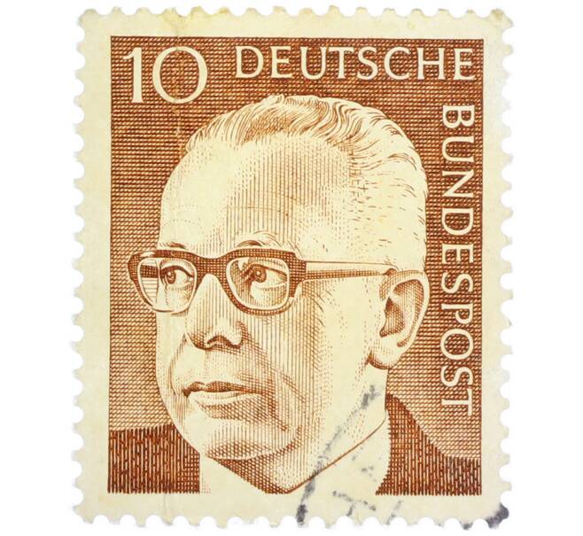 Почтовая марка 10 пфеннигов 1970 года Западная Германия (ФРГ) «Президент Густав Хайнеман» (Артикул: T11-37683) — Фото №1
