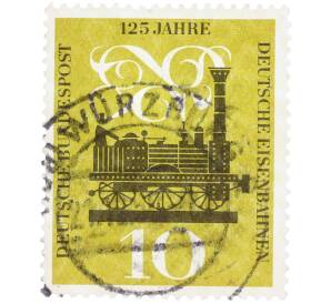 Почтовая марка 10 пфеннигов 1960 года Западная Германия (ФРГ) «Первый паровоз в Германии — Адлер»