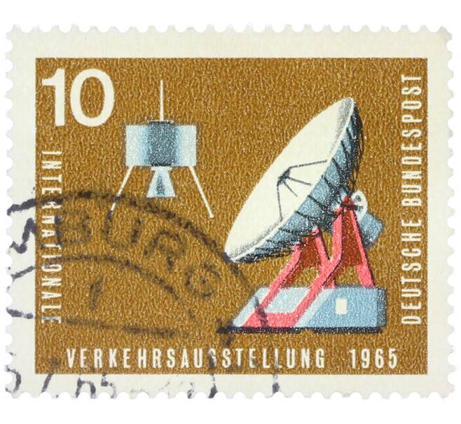 Почтовая марка 10 пфеннигов 1965 года Западная Германия (ФРГ) «Международная транспортная выставка в Мюнхене — Спутниковая антенна» (Артикул: T11-37710) — Фото №1