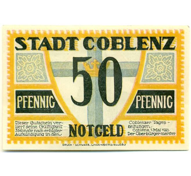 Банкнота 50 пфеннигов 1921 года Германия — Кобленц (Нотгельд) (Артикул: K10-12691) — Фото №1