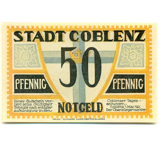 Банкнота 50 пфеннигов 1921 года Германия — Кобленц (Нотгельд) (Артикул: K10-12692) — Фото №1