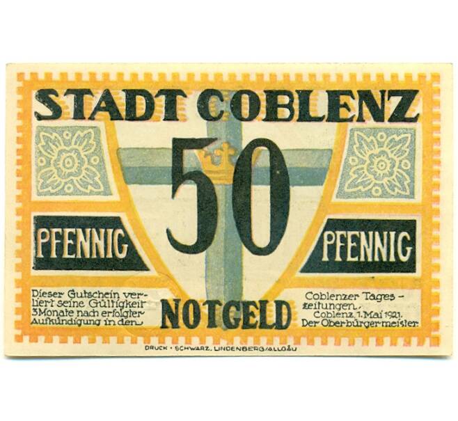Банкнота 50 пфеннигов 1921 года Германия — Кобленц (Нотгельд) (Артикул: K10-12693) — Фото №1