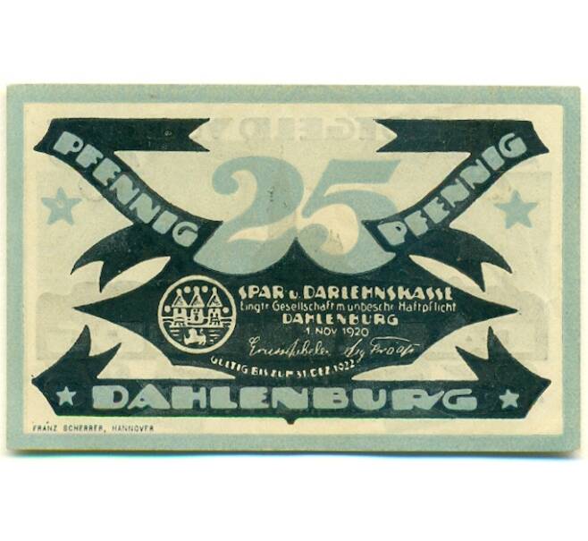 Банкнота 25 пфеннигов 1920 года Германия — Даленбург (Нотгельд) (Артикул: K10-12695) — Фото №1