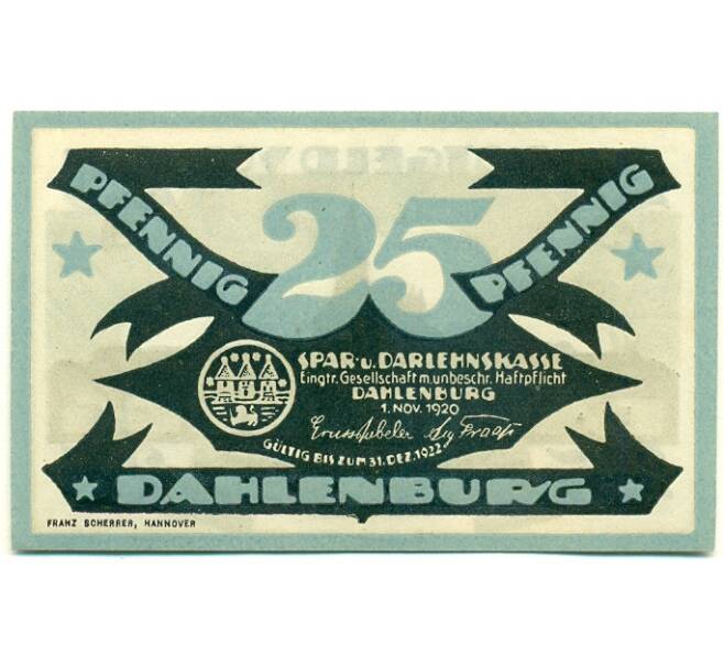 Банкнота 25 пфеннигов 1920 года Германия — Даленбург (Нотгельд) (Артикул: K10-12696) — Фото №1