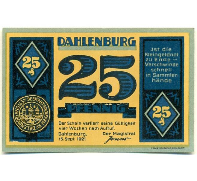 Банкнота 25 пфеннигов 1921 года Германия — Даленбург (Нотгельд) (Артикул: K10-12698) — Фото №1