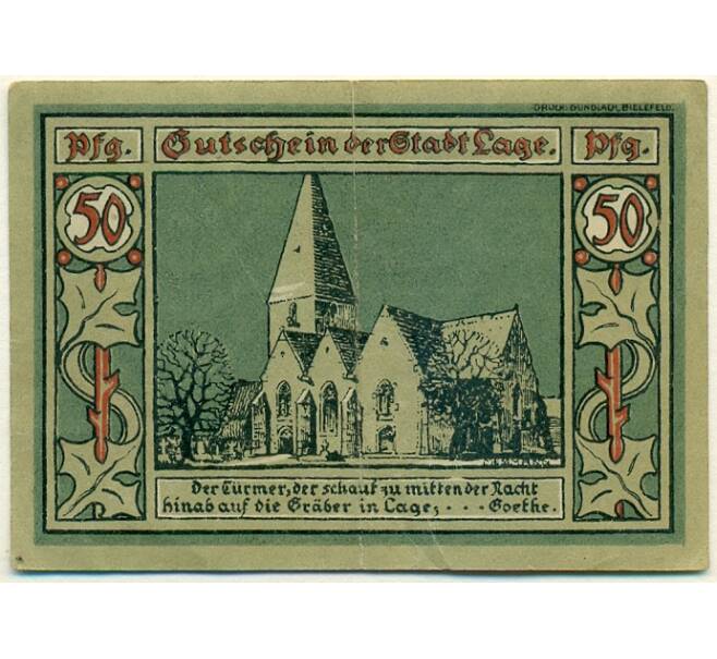 Банкнота 50 пфеннигов 1921 года Германия — Лаге (Нотгельд) (Артикул: K10-12705) — Фото №2