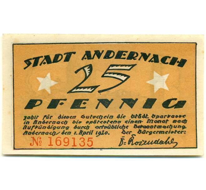Банкнота 25 пфеннигов 1920 года Германия — Андернах (Нотгельд) (Артикул: K10-12713) — Фото №1