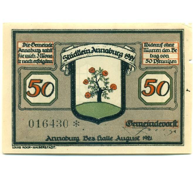 Банкнота 50 пфеннигов 1921 года Германия — Аннабург (Нотгельд) (Артикул: K10-12718) — Фото №1