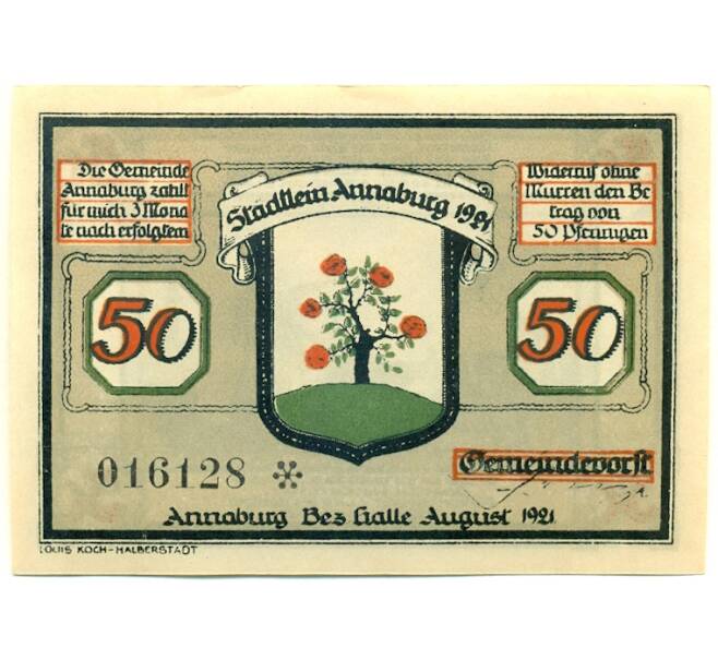 Банкнота 50 пфеннигов 1921 года Германия — Аннабург (Нотгельд) (Артикул: K10-12719) — Фото №1